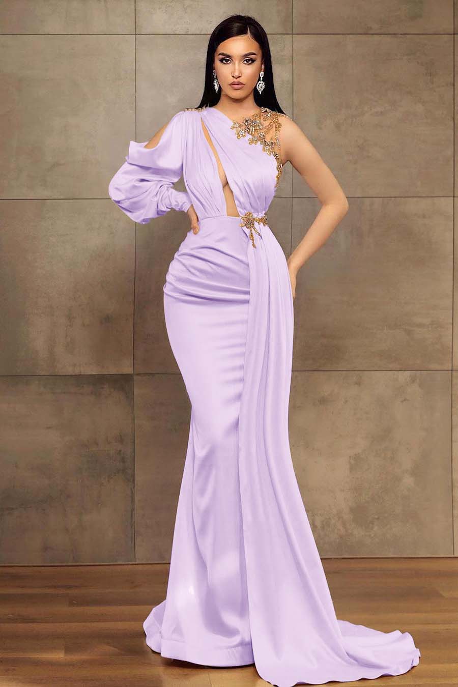 Champagne Mermaid Prom Dress Long Sleeve Asymmetric Neck Beaded Evening Dress