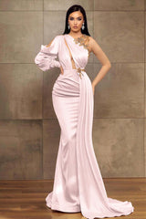 Champagne Mermaid Prom Dress Long Sleeve Asymmetric Neck Beaded Evening Dress