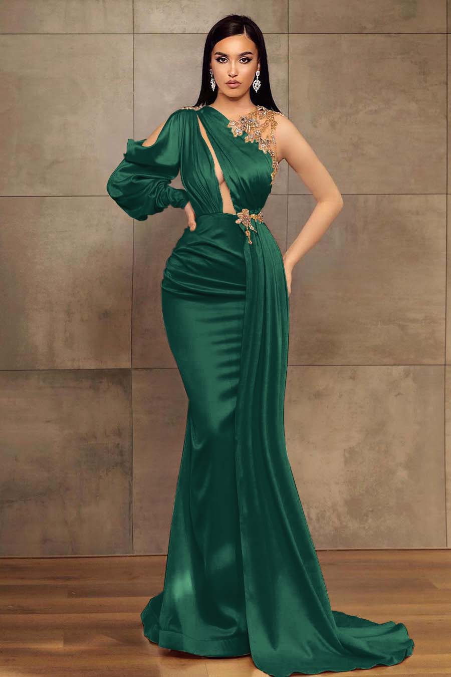 Champagne Mermaid Prom Dress Long Sleeve Asymmetric Neck Beaded Evening Dress