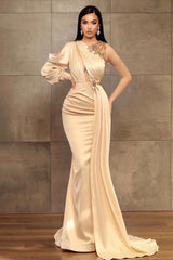 Champagne Mermaid Prom Dress Long Sleeve Asymmetric Neck Beaded Evening Dress