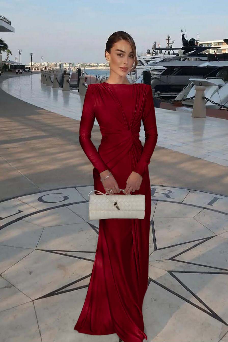 Champagne Mermaid Prom Dress Long Sleeve Bateau Neck Satin Evening Dress