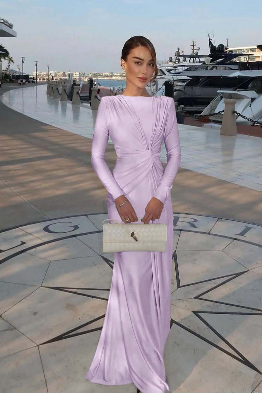 Champagne Mermaid Prom Dress Long Sleeve Bateau Neck Satin Evening Dress