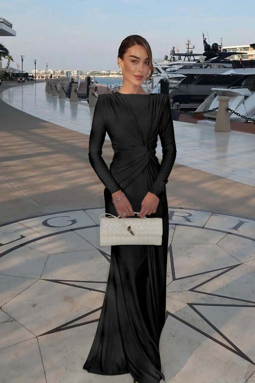 Champagne Mermaid Prom Dress Long Sleeve Bateau Neck Satin Evening Dress