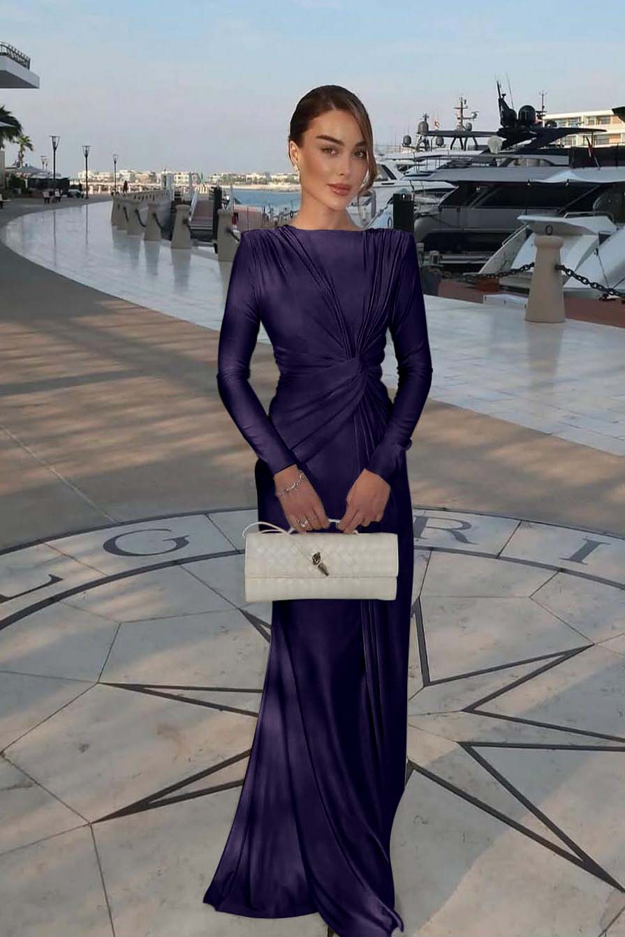 Champagne Mermaid Prom Dress Long Sleeve Bateau Neck Satin Evening Dress