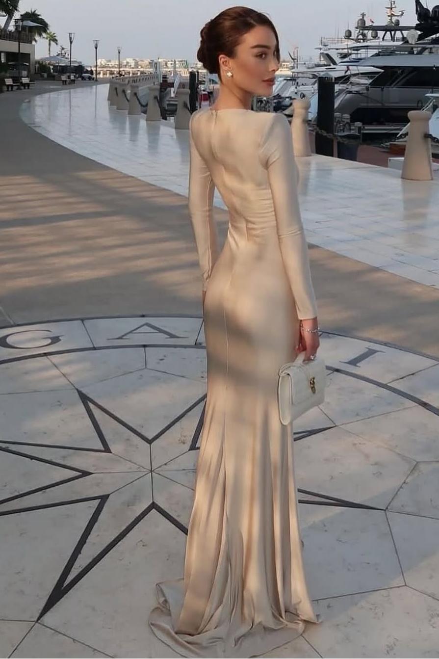Champagne Mermaid Prom Dress Long Sleeve Bateau Neck Satin Evening Dress