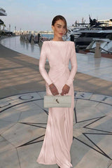 Champagne Mermaid Prom Dress Long Sleeve Bateau Neck Satin Evening Dress