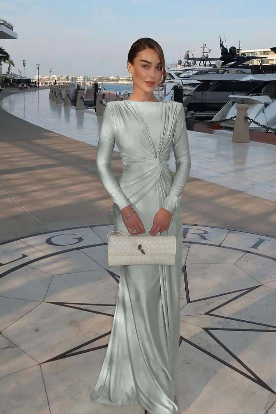 Champagne Mermaid Prom Dress Long Sleeve Bateau Neck Satin Evening Dress