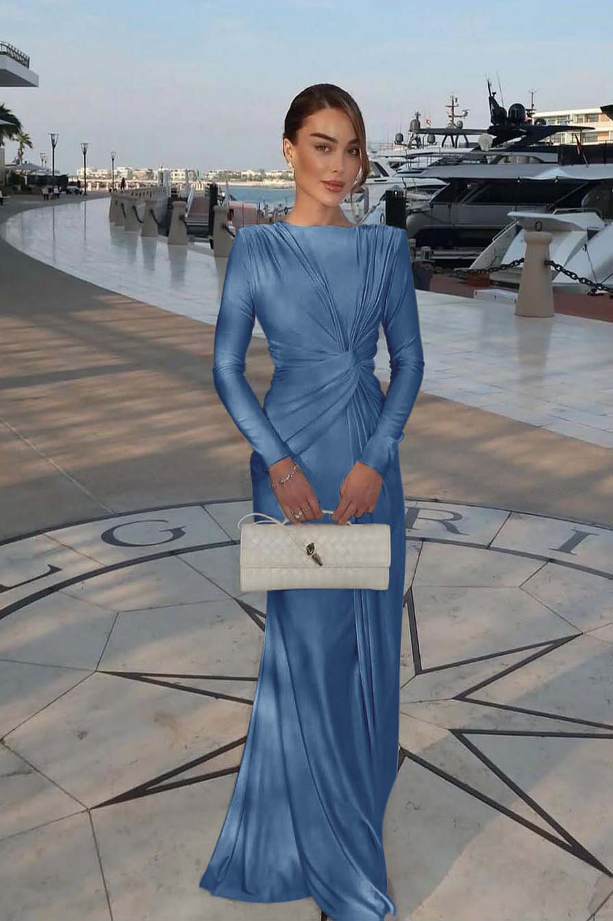 Champagne Mermaid Prom Dress Long Sleeve Bateau Neck Satin Evening Dress