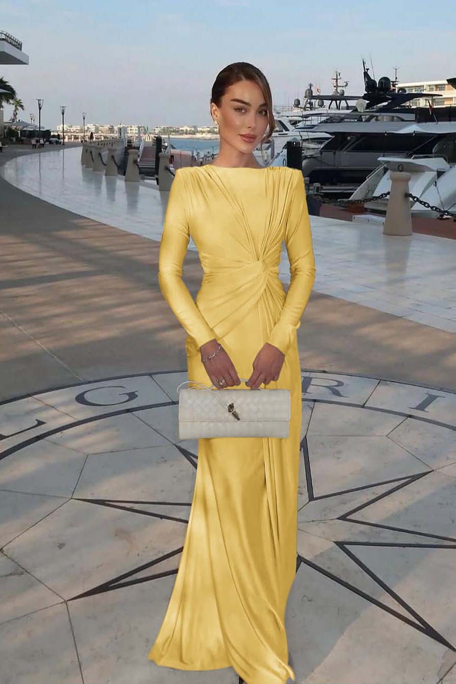 Champagne Mermaid Prom Dress Long Sleeve Bateau Neck Satin Evening Dress