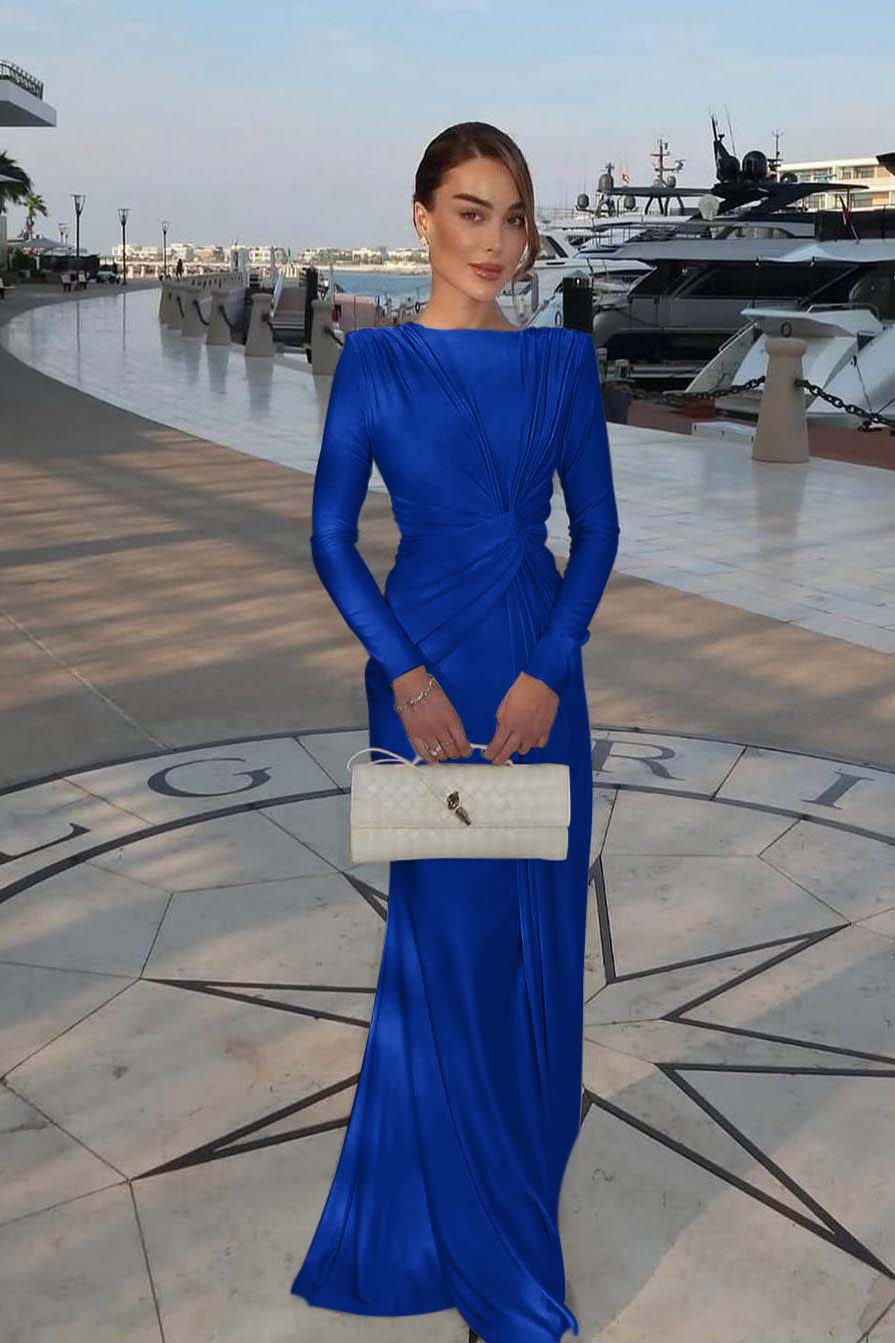 Champagne Mermaid Prom Dress Long Sleeve Bateau Neck Satin Evening Dress