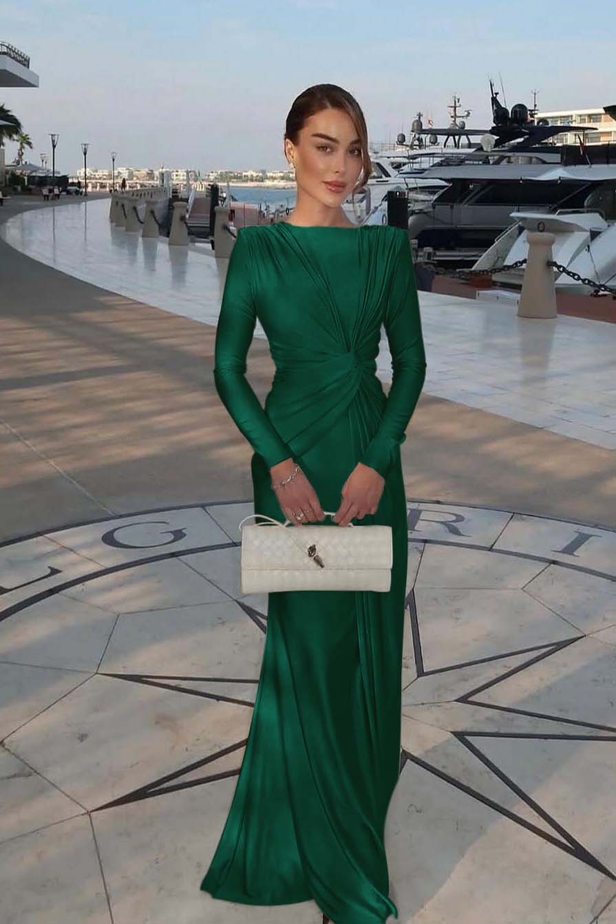 Champagne Mermaid Prom Dress Long Sleeve Bateau Neck Satin Evening Dress