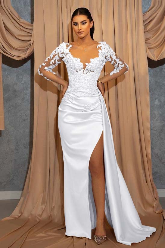 Champagne Mermaid Prom Dress Long Sleeve Evening Dress With Lace Appliques