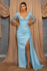 Champagne Mermaid Prom Dress Long Sleeve Evening Dress With Lace Appliques