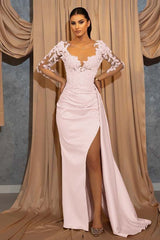 Champagne Mermaid Prom Dress Long Sleeve Evening Dress With Lace Appliques