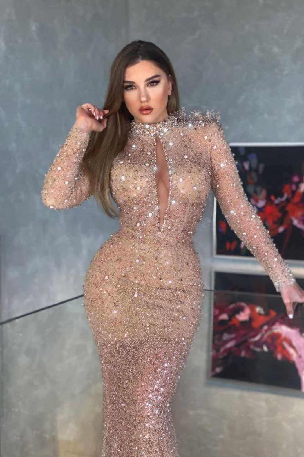 Champagne Mermaid Prom Dress Long Sleeve High Neck Sequined Evening Dress