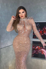 Champagne Mermaid Prom Dress Long Sleeve High Neck Sequined Evening Dress