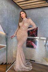 Champagne Mermaid Prom Dress Long Sleeve High Neck Sequined Evening Dress