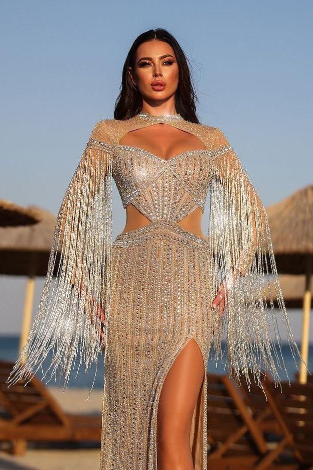 Champagne Mermaid Prom Dress Long Sleeve Keyhole Neck Beaded Evening Dress