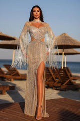 Champagne Mermaid Prom Dress Long Sleeve Keyhole Neck Beaded Evening Dress