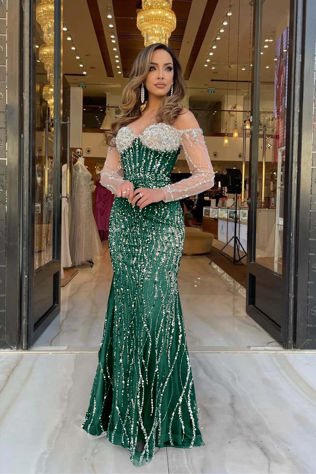 Champagne Mermaid Prom Dress Long Sleeve Off the Shoulder Sequined Evening Dress