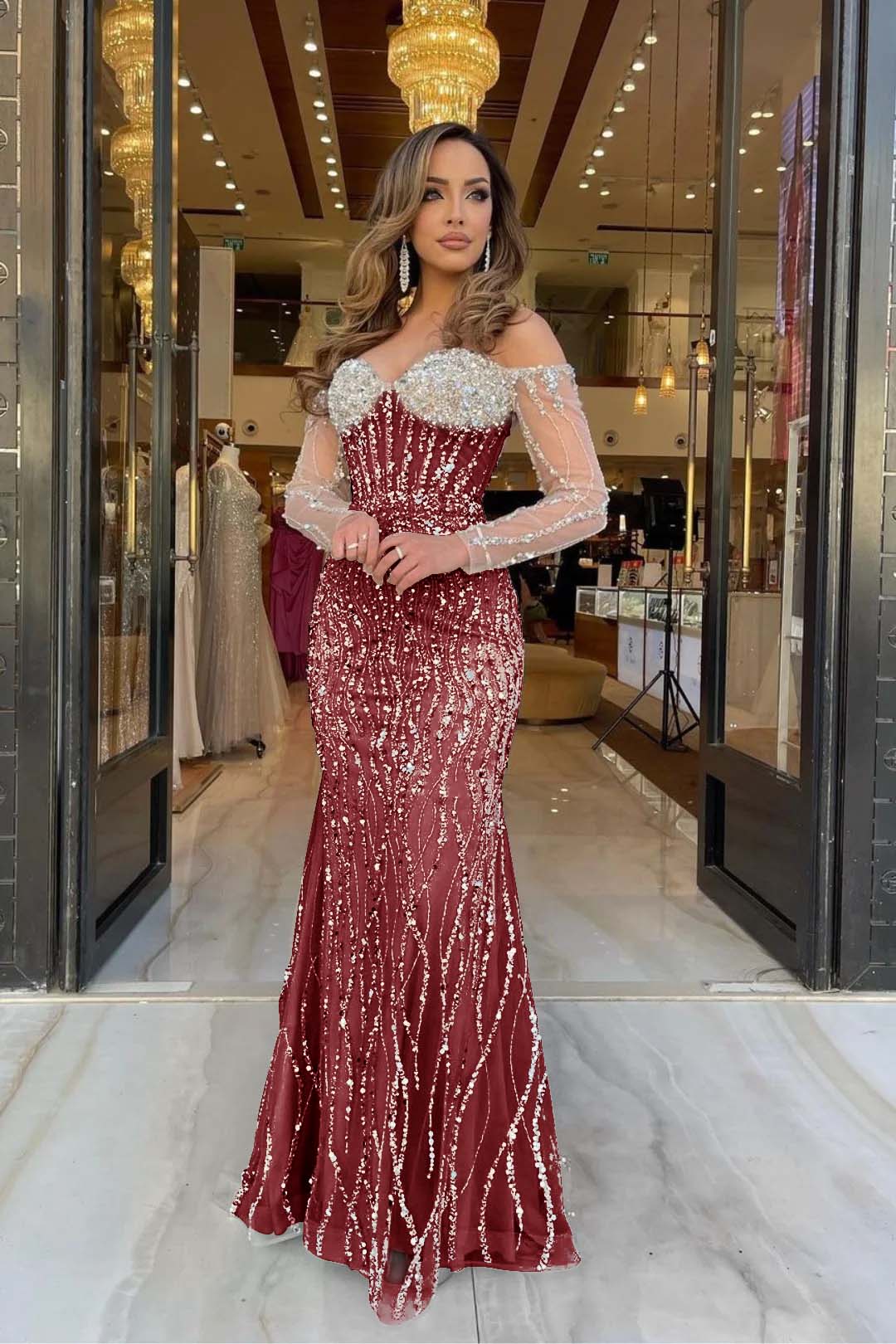 Champagne Mermaid Prom Dress Long Sleeve Off the Shoulder Sequined Evening Dress