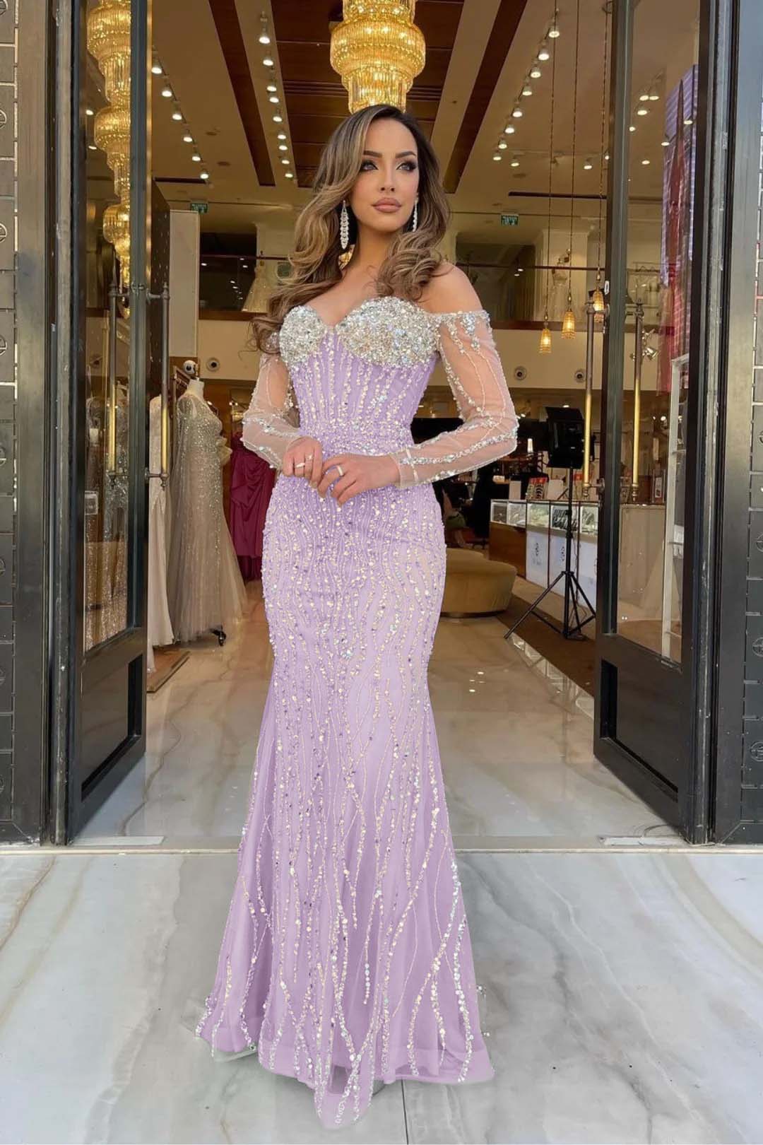 Champagne Mermaid Prom Dress Long Sleeve Off the Shoulder Sequined Evening Dress