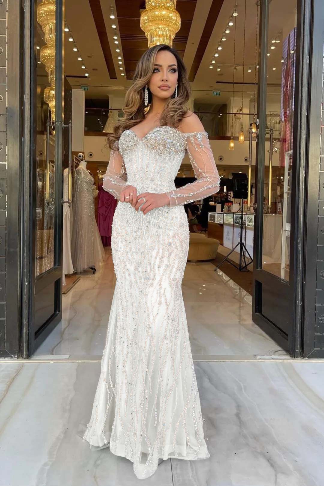 Champagne Mermaid Prom Dress Long Sleeve Off the Shoulder Sequined Evening Dress
