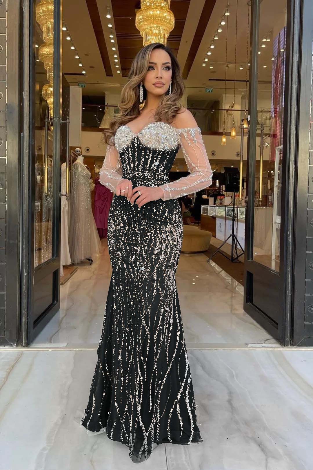 Champagne Mermaid Prom Dress Long Sleeve Off the Shoulder Sequined Evening Dress