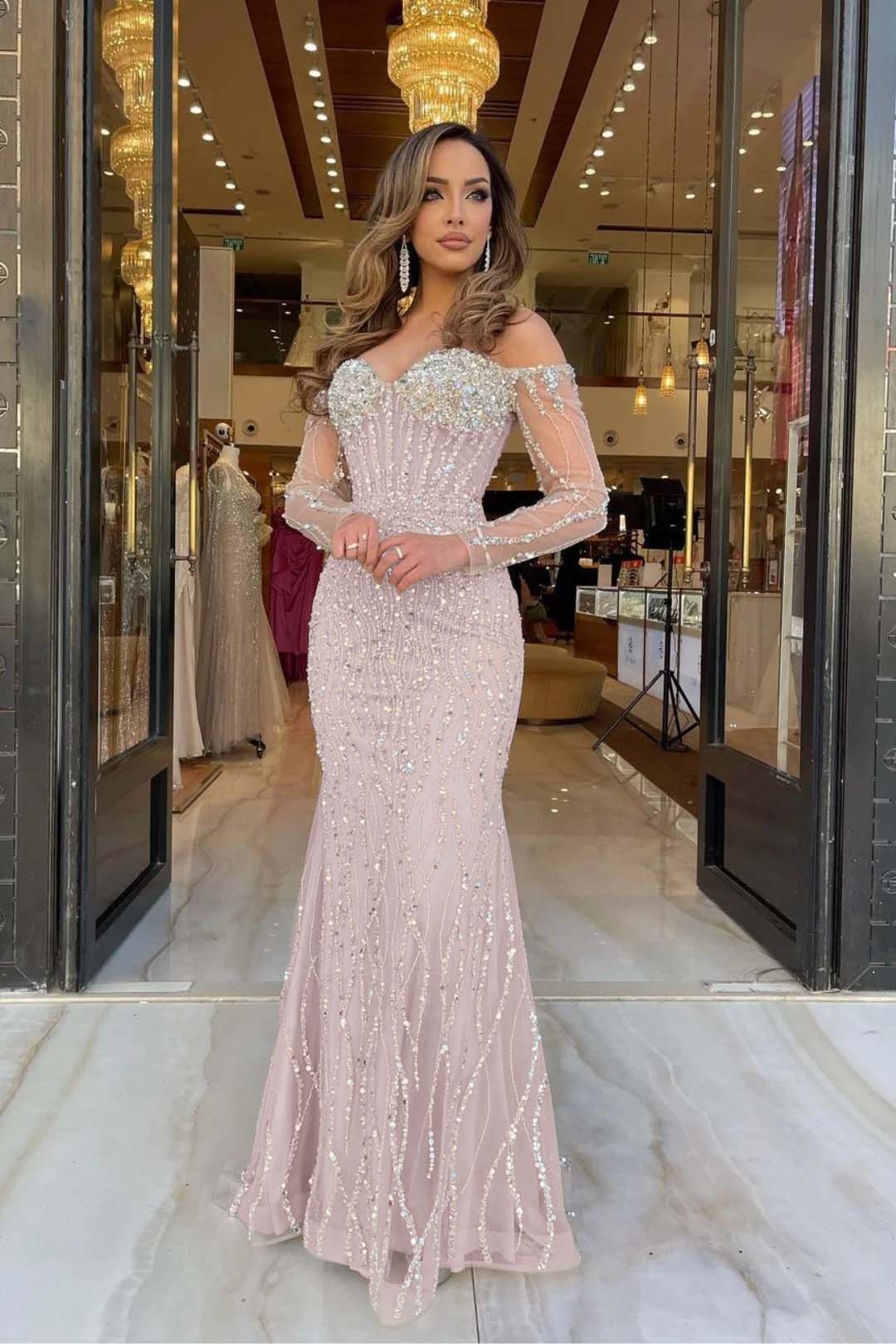 Champagne Mermaid Prom Dress Long Sleeve Off the Shoulder Sequined Evening Dress