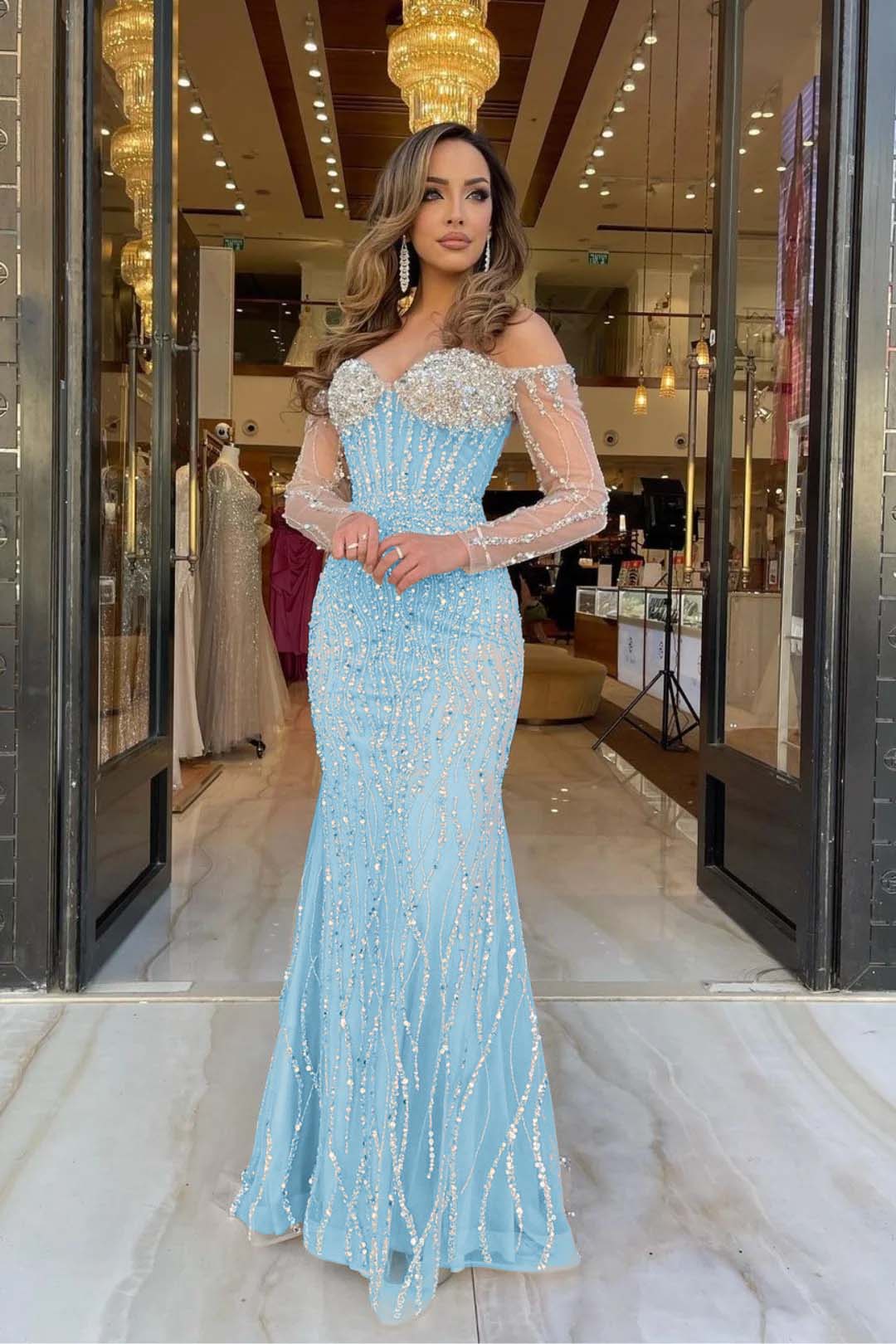 Champagne Mermaid Prom Dress Long Sleeve Off the Shoulder Sequined Evening Dress