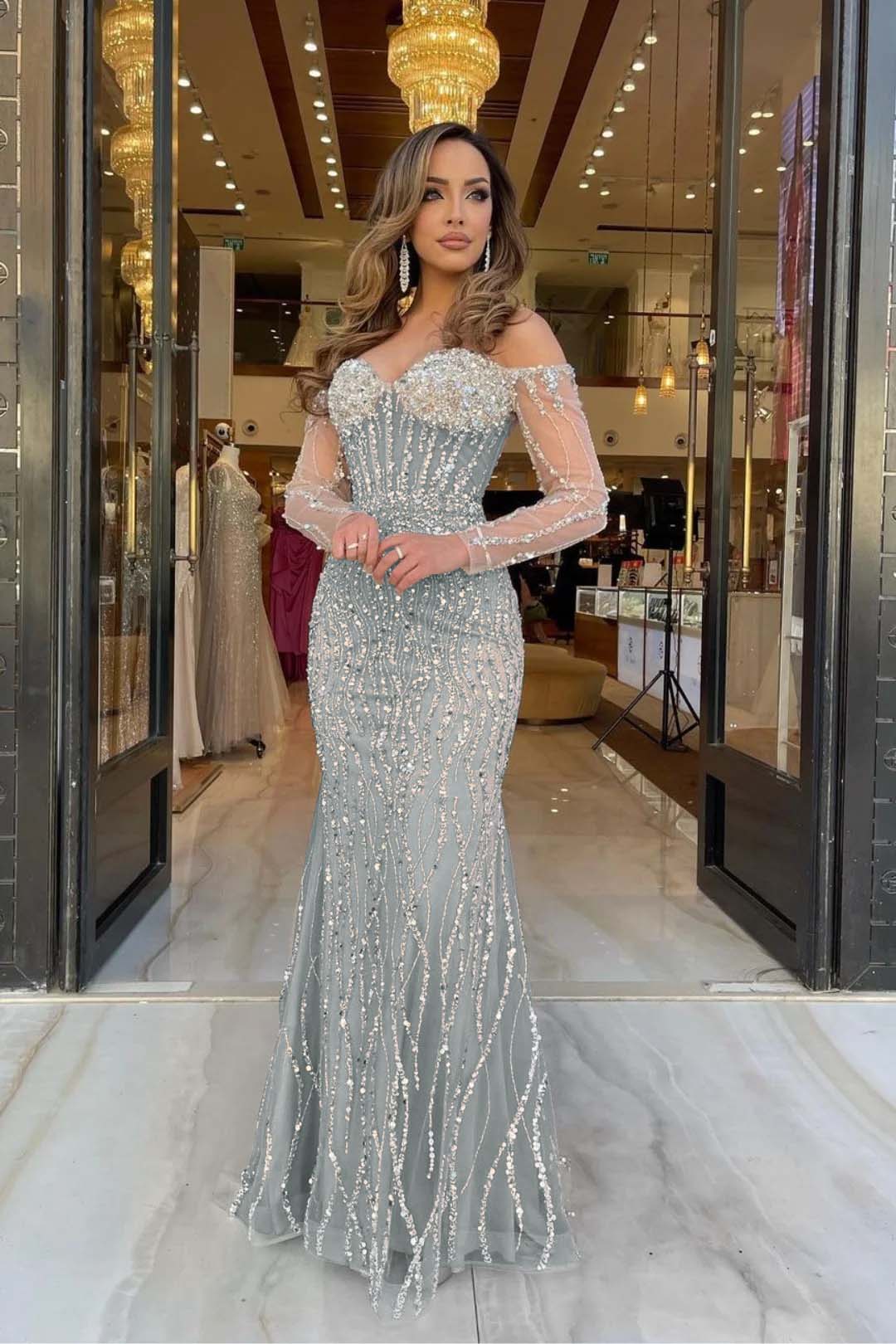 Champagne Mermaid Prom Dress Long Sleeve Off the Shoulder Sequined Evening Dress