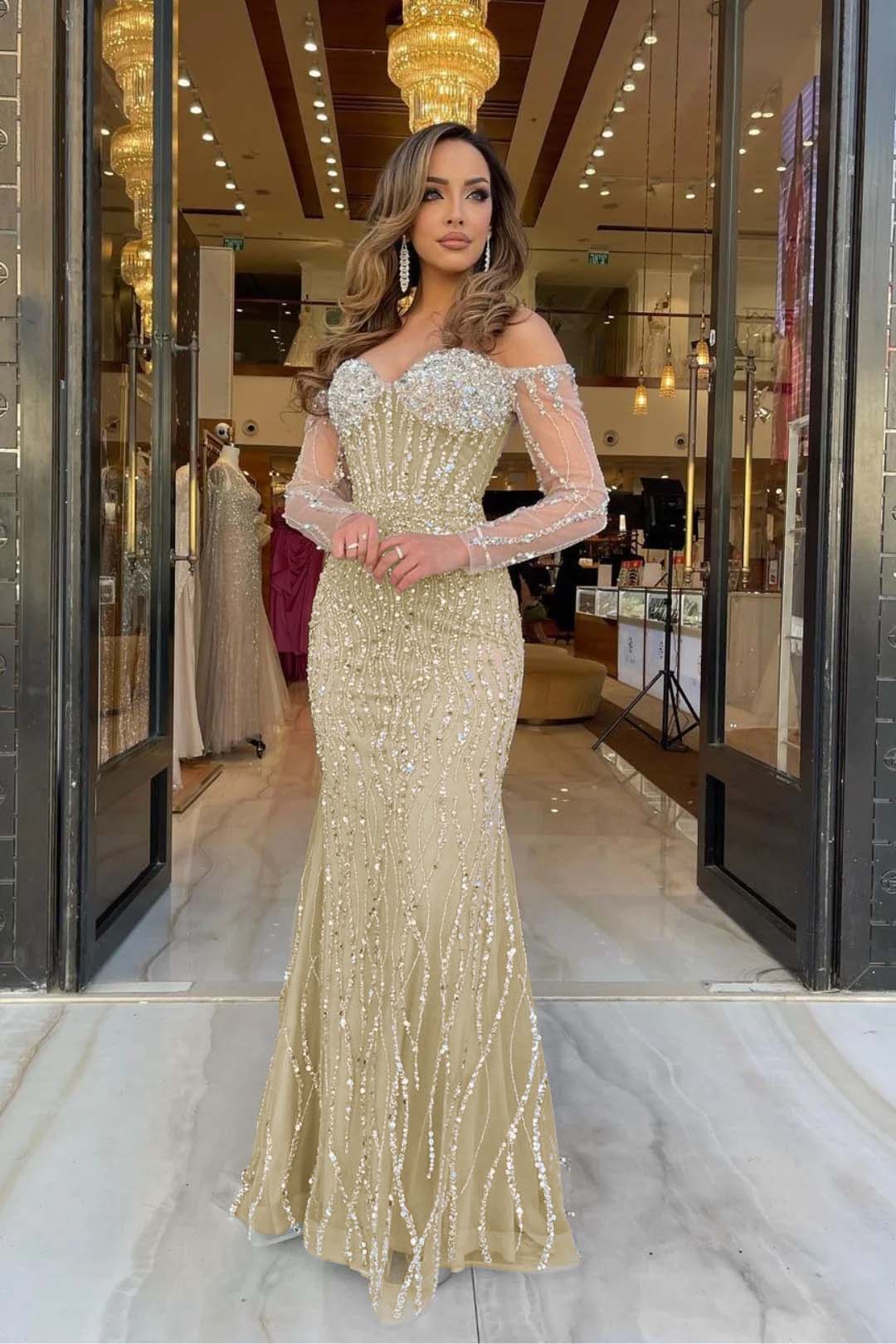 Champagne Mermaid Prom Dress Long Sleeve Off the Shoulder Sequined Evening Dress
