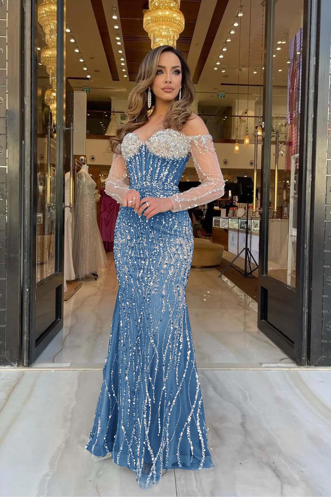 Champagne Mermaid Prom Dress Long Sleeve Off the Shoulder Sequined Evening Dress