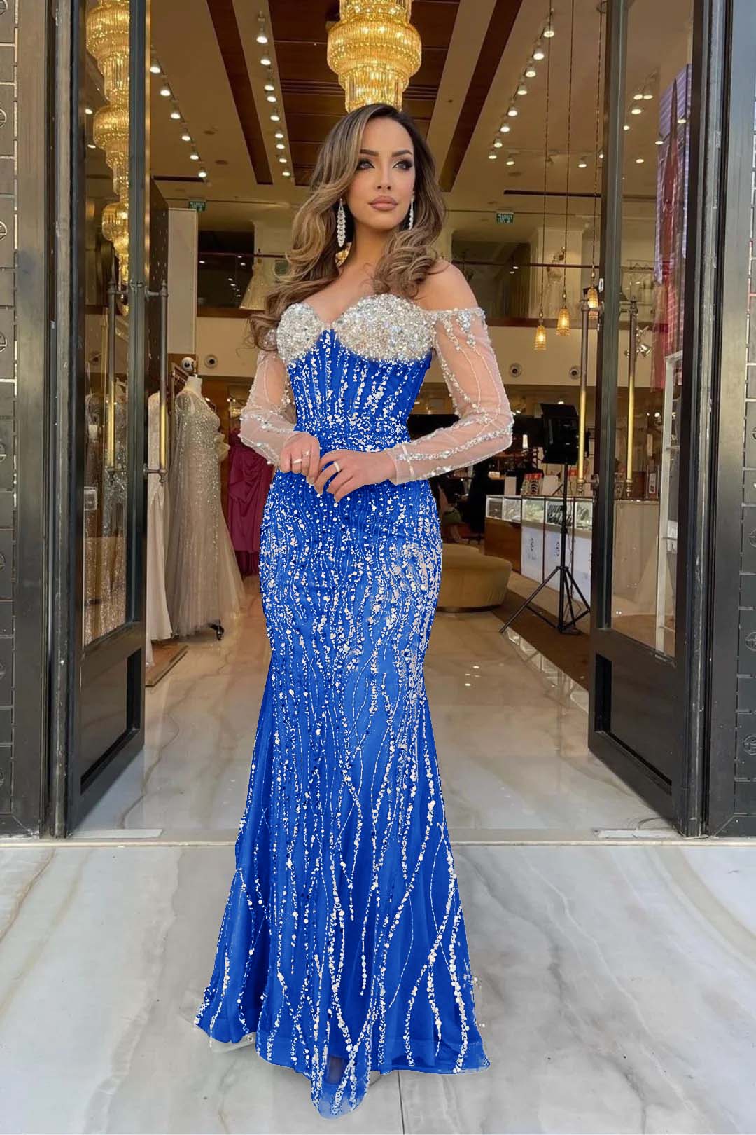 Champagne Mermaid Prom Dress Long Sleeve Off the Shoulder Sequined Evening Dress