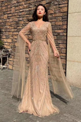 Champagne Mermaid Prom Dress Long Sleeve V Neck Sequined Evening Dress