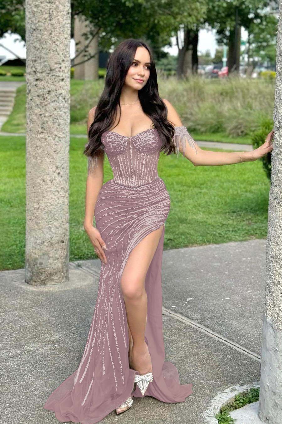 Champagne Mermaid Prom Dress Off the Shoulder Beaded Evening Dress