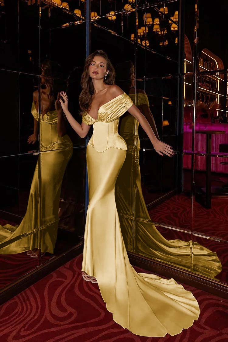 Champagne Mermaid Prom Dress Off the Shoulder Satin Evening Dress