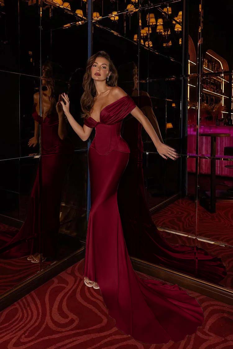 Champagne Mermaid Prom Dress Off the Shoulder Satin Evening Dress
