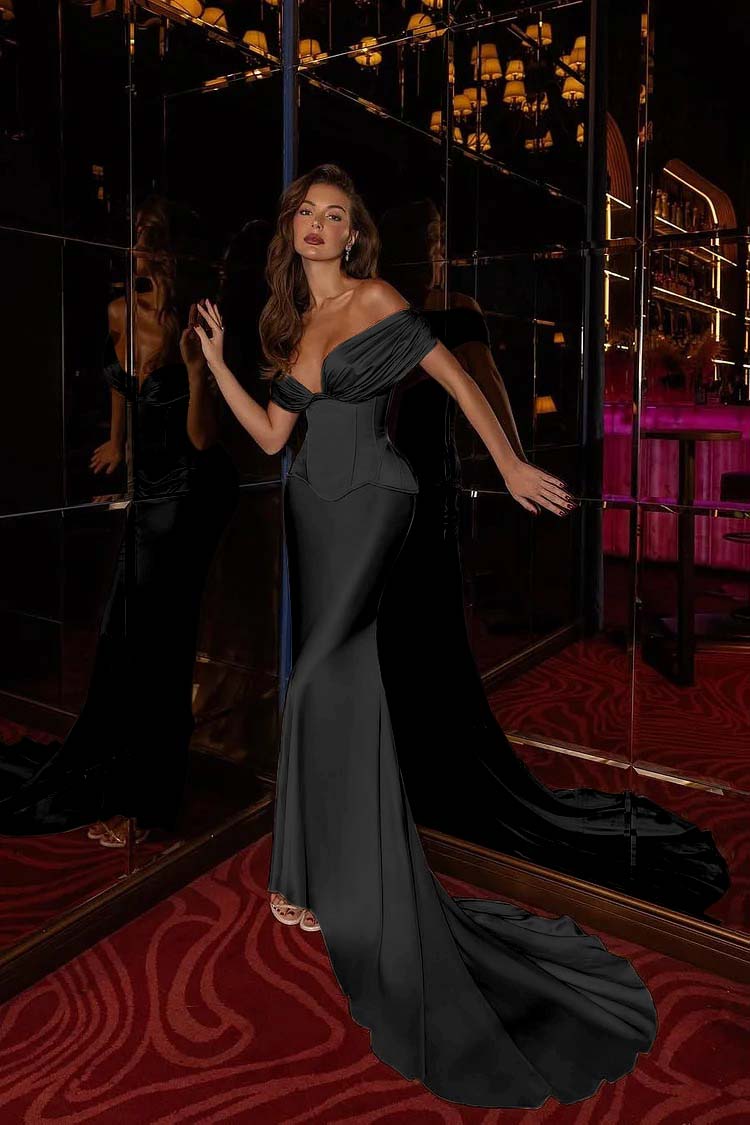 Champagne Mermaid Prom Dress Off the Shoulder Satin Evening Dress