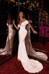 Champagne Mermaid Prom Dress Off the Shoulder Satin Evening Dress