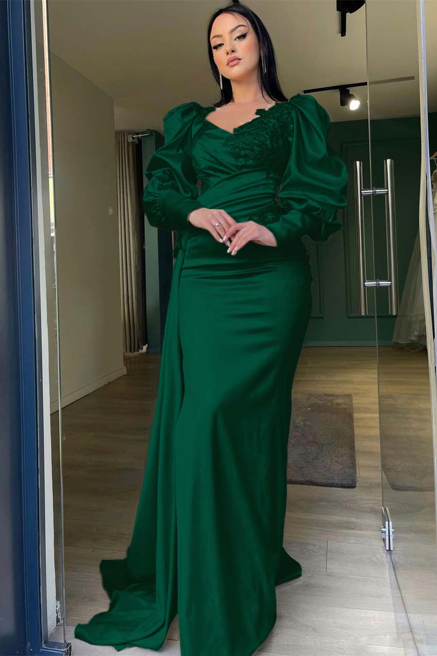 Champagne Mermaid Prom Dress Puff Long Sleeve Evening Dress With Lace Appliques