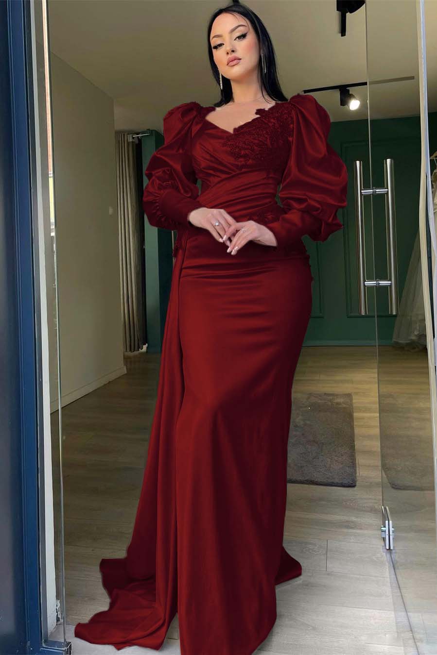 Champagne Mermaid Prom Dress Puff Long Sleeve Evening Dress With Lace Appliques