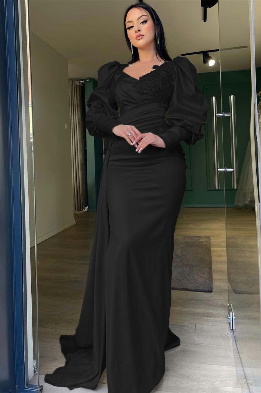 Champagne Mermaid Prom Dress Puff Long Sleeve Evening Dress With Lace Appliques
