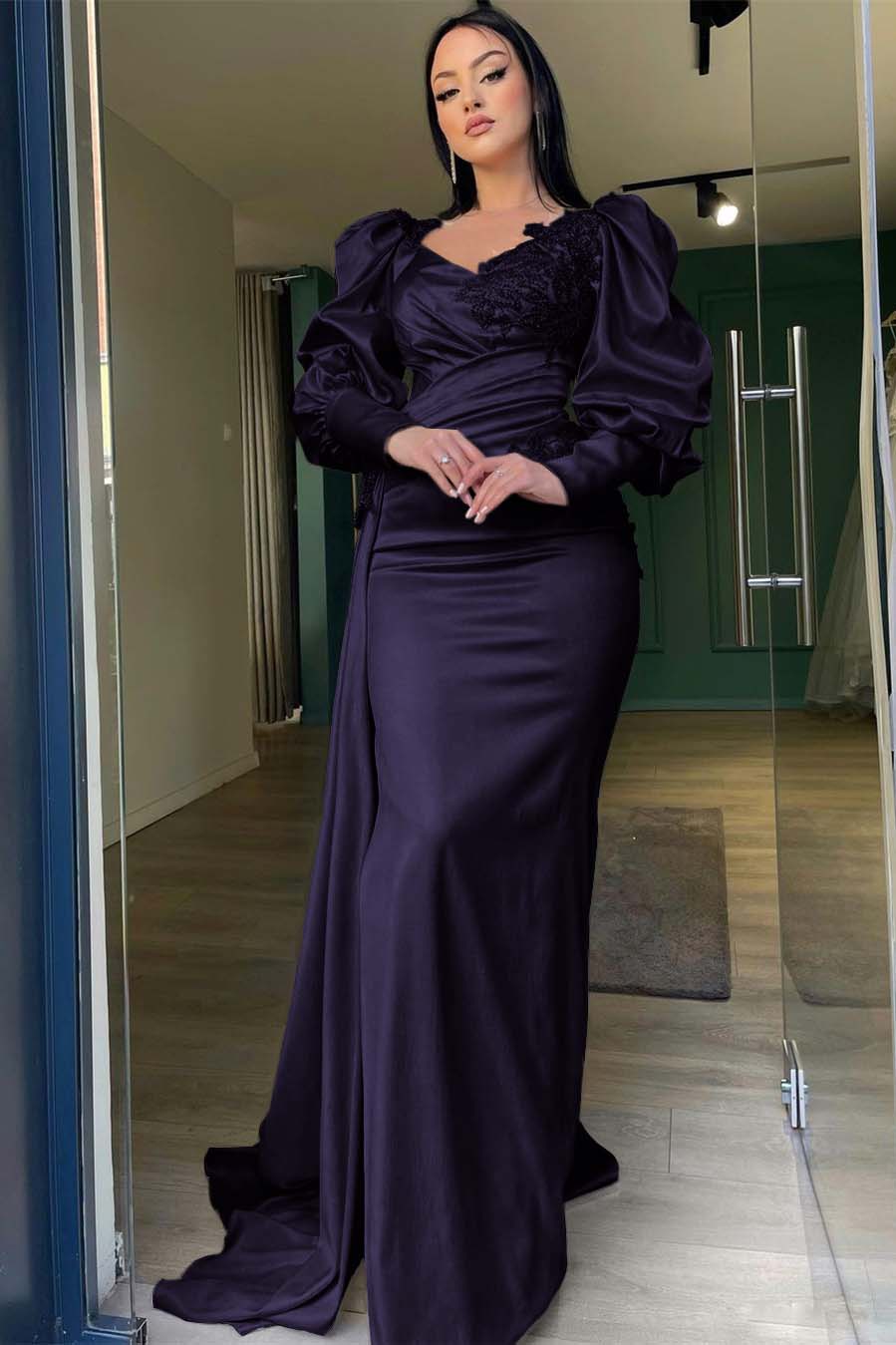 Champagne Mermaid Prom Dress Puff Long Sleeve Evening Dress With Lace Appliques