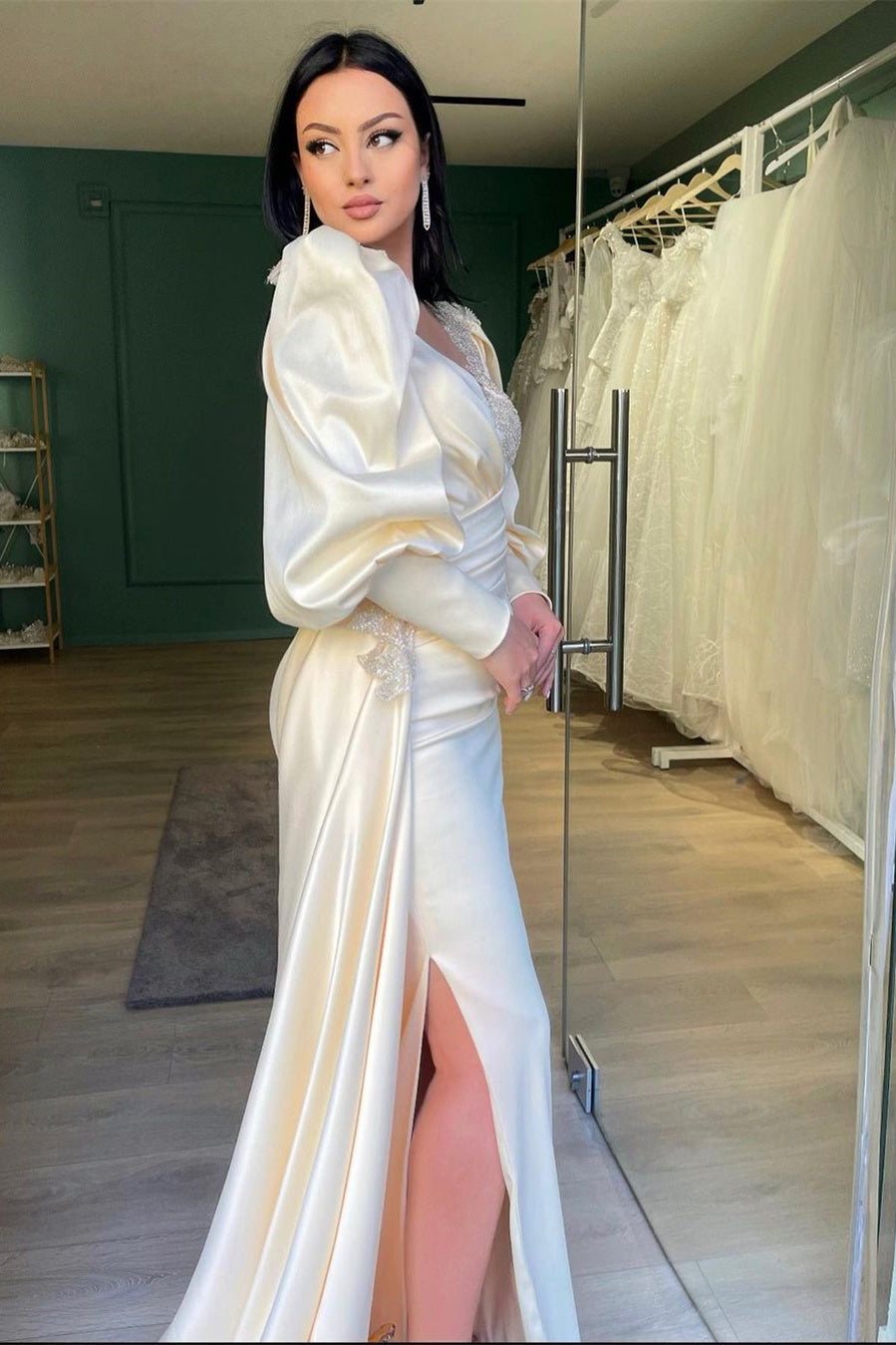 Champagne Mermaid Prom Dress Puff Long Sleeve Evening Dress With Lace Appliques