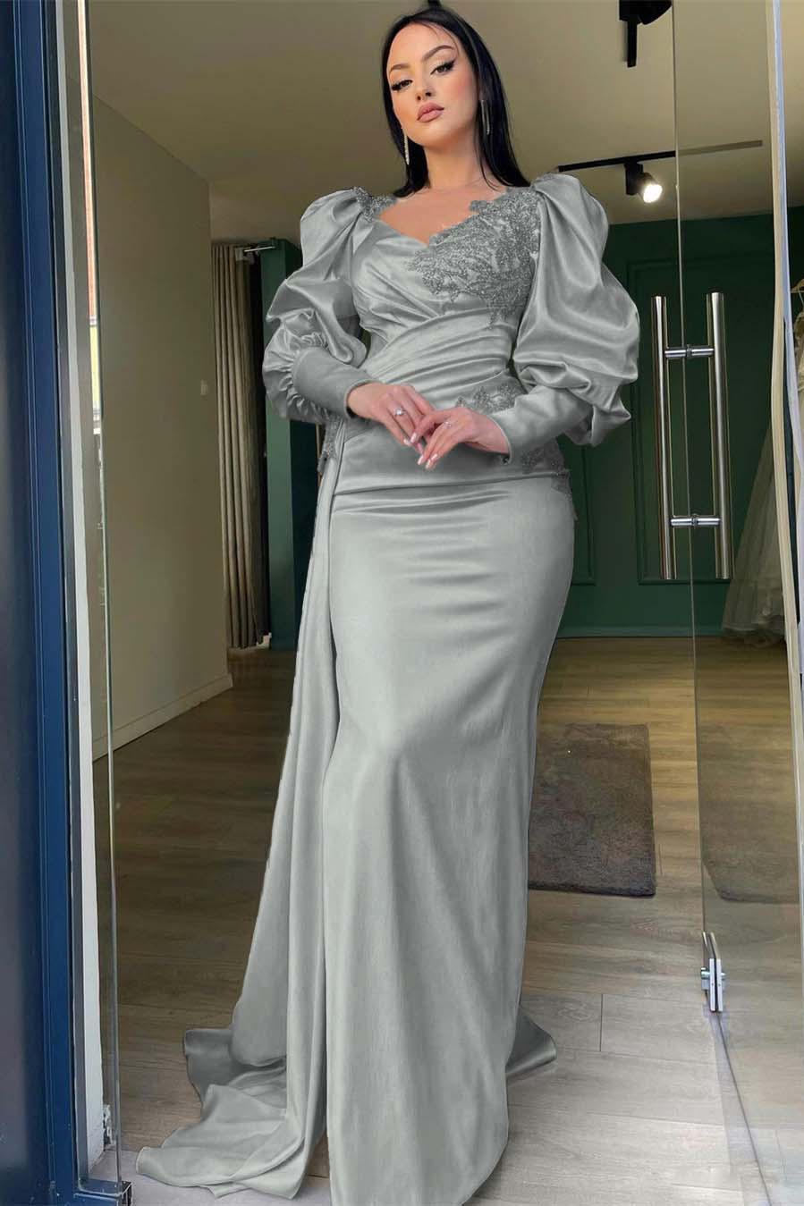 Champagne Mermaid Prom Dress Puff Long Sleeve Evening Dress With Lace Appliques
