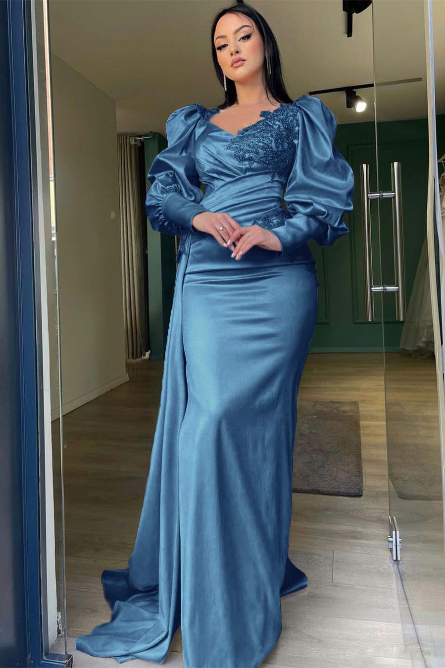 Champagne Mermaid Prom Dress Puff Long Sleeve Evening Dress With Lace Appliques