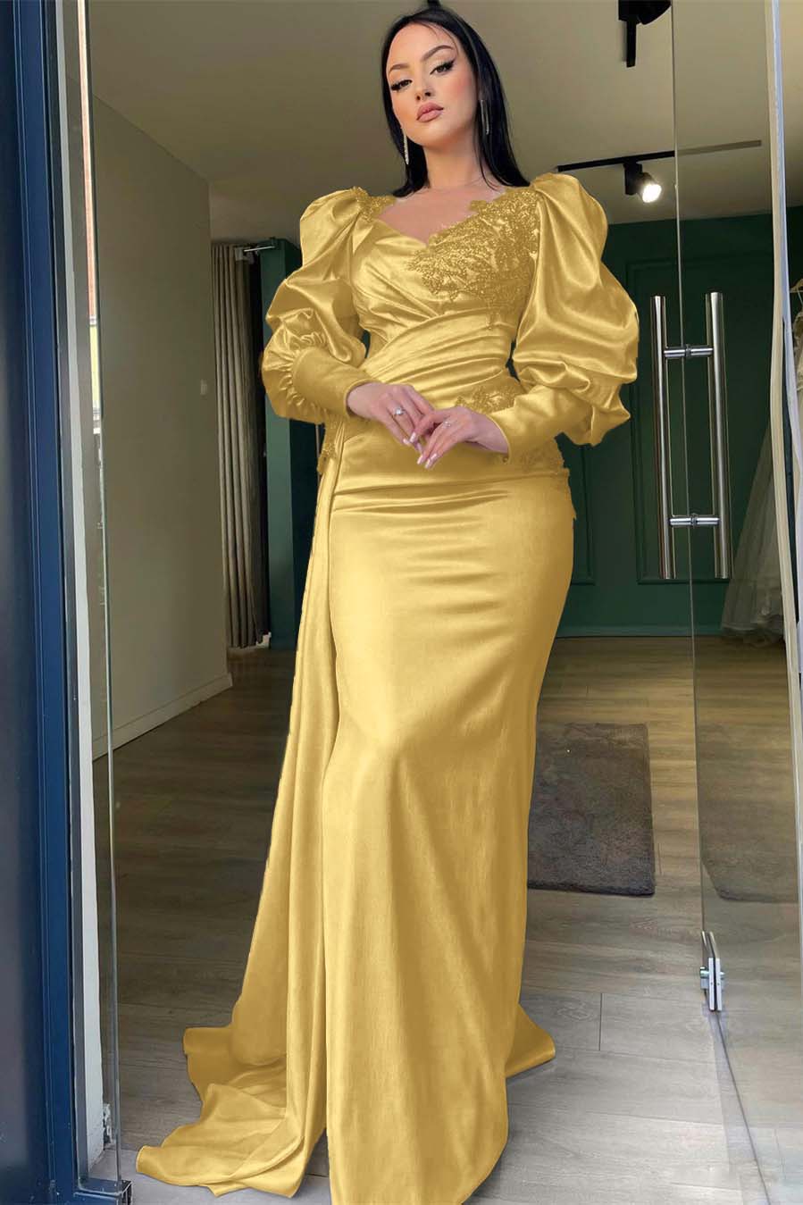 Champagne Mermaid Prom Dress Puff Long Sleeve Evening Dress With Lace Appliques