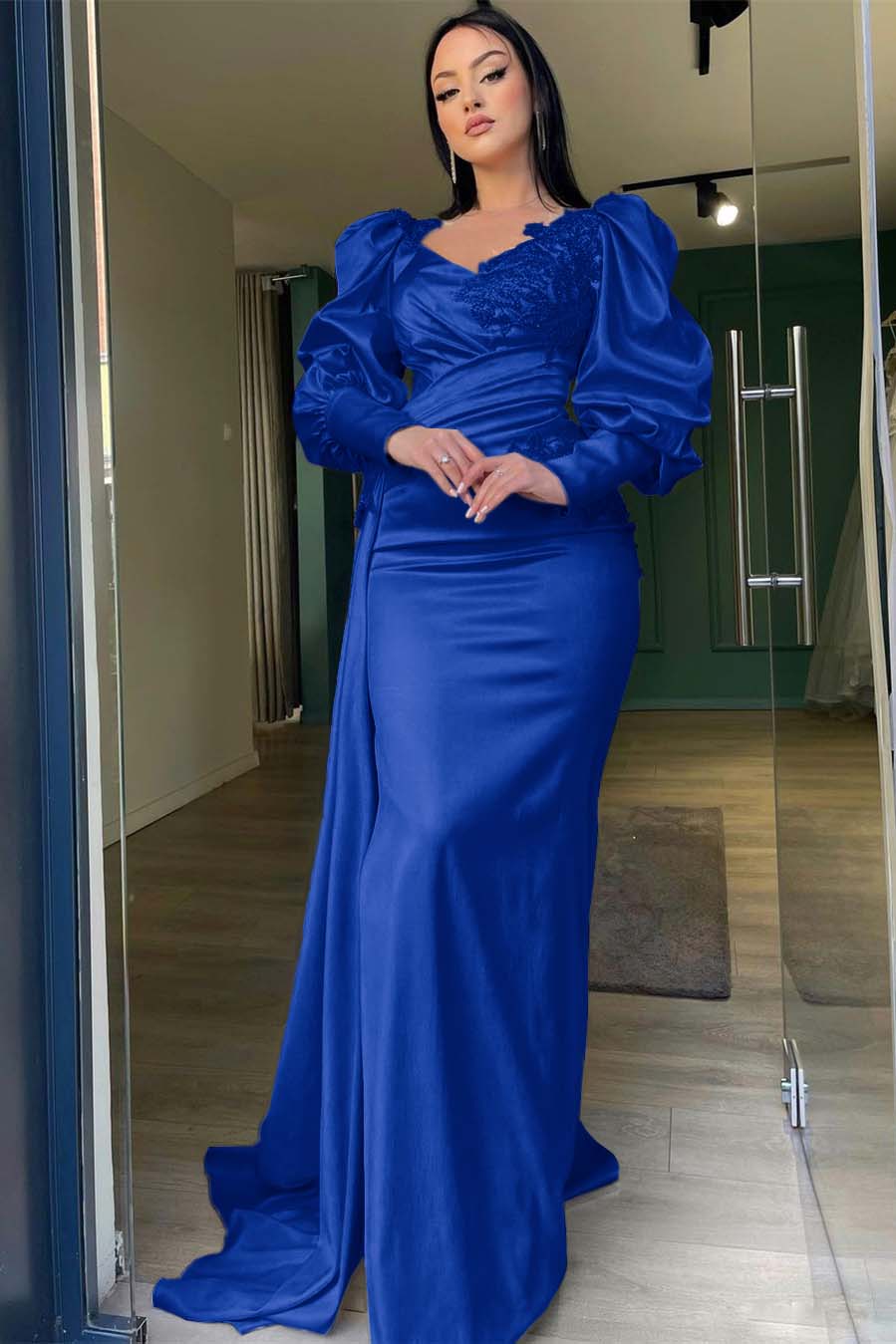 Champagne Mermaid Prom Dress Puff Long Sleeve Evening Dress With Lace Appliques