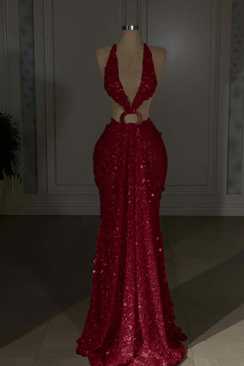 Champagne Mermaid Prom Dress Sleeveless Halter Neck Sequined Evening Dress